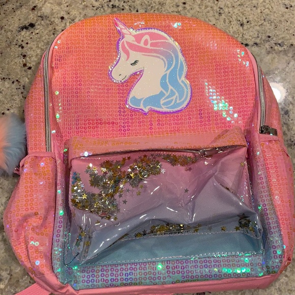 Unicorn Ombre Shaky Backpack Regular Size With Pompom Charm Peach New